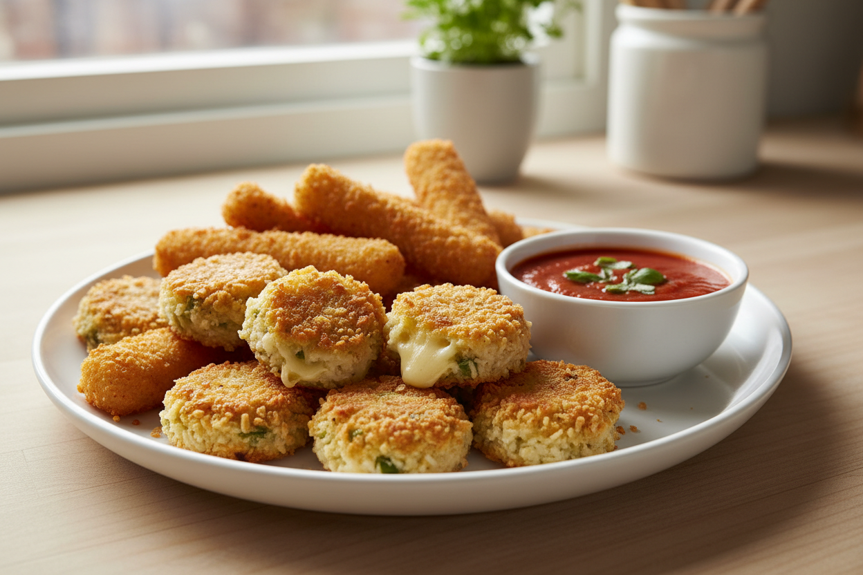 "A close-up shot of crispy Gluten-Free Jalapeño Bites and golden Mozzarella Sticks arranged on a simple white ceramic plate. A small bowl of zippy marinara sauce sits to the side for dipping. The setting is a casual kitchen counter with bright, natural afternoon light, highlighting the crunchy texture of the rice-flour breading."