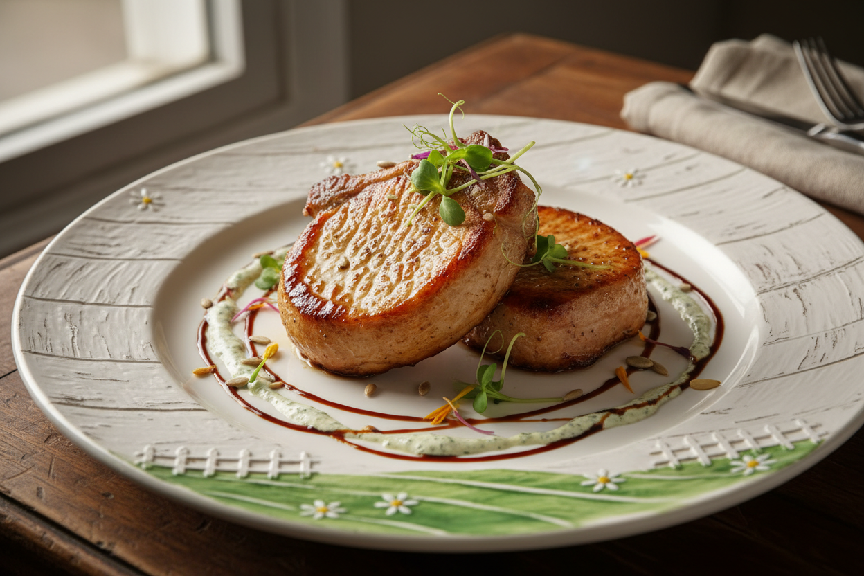 A delicious plate in first line full of Pork Chops – Boneless with some sauces around and the plate should be like where the pigs live BUT no dirty please more like to make the client feel that goes directly from the farm to the plate