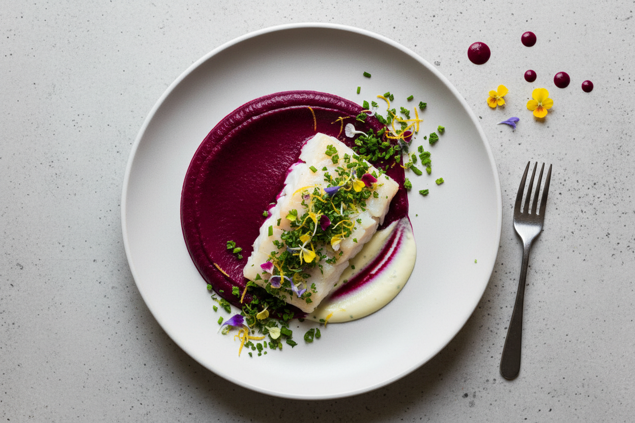 A modern, minimalist plating of a steamed Haddock fillet resting on a vibrant, deep-purple beetroot purée. Garnished with a delicate gremolata of bright green parsley, lemon zest, and micro-edible flowers. A thin drizzle of garlic-infused cream creates a beautiful swirl on the plate. Top-down 'flat lay' angle. Clean, bright, natural morning light. The colors are highly saturated and the presentation is asymmetrical and artistic. 8k, professional culinary photography."