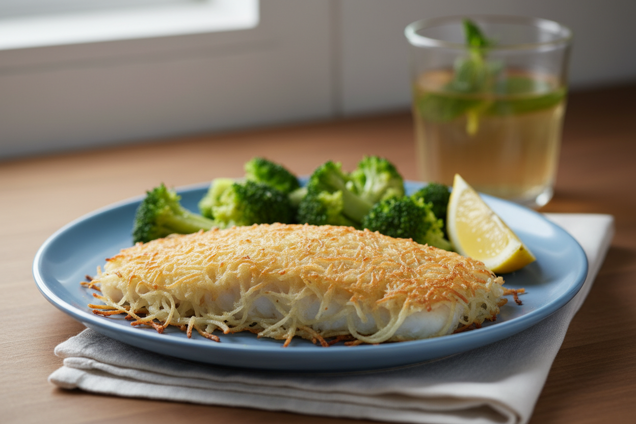 "A realistic, high-quality photo of a golden potato-encrusted cod fillet on a simple, sky-blue ceramic plate. The potato crust is thin and shredded, like a delicate hash brown, toasted to a light gold. Beside it is a large portion of steamed broccoli with a lemon wedge. Soft, diffused daylight from a kitchen window. The scene is quiet and clean, with a glass of herbal tea in the background. It feels like a restorative, clean meal that is easy on the body. 8k, natural aesthetic."