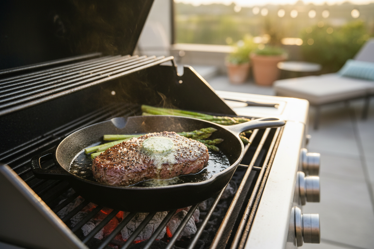 An airy, bright photo of a flat iron steak resting in a cast iron skillet on an outdoor grill, next to some charring asparagus. The steak has simple seasoning—just salt and pepper—and a piece of melting herb butter. The setting is a casual backyard patio at golden hour. It evokes a feeling of simple grilling, fresh air, and quality time. The lighting is warm and natural, connecting the meal to a healthy outdoor lifestyle. Cinematic nature-light, 4k. and introduce something in the background but focus on the