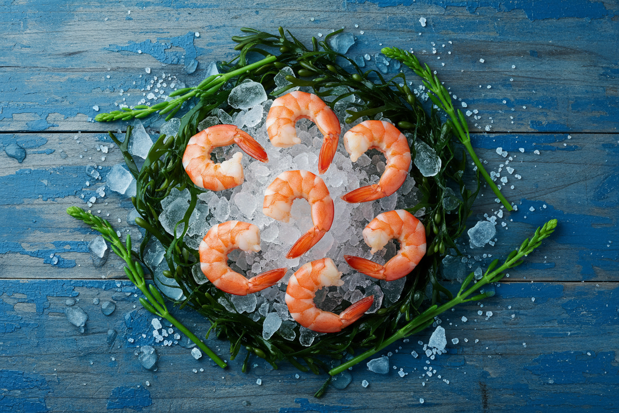 "An artistic, top-down photo of bright orange-pink cooked shrimp resting on a bed of crushed ice and fresh seaweed. Scattered around are sea salt crystals and sprigs of wild samphire. The background is a weathered blue wooden table that looks like it belongs on a pier. The lighting is the crisp, clear blue light of a coastal morning. It evokes a feeling of 'sea-to-table' purity and a deep connection to the ocean's minerals. Professional but organic, 8k."