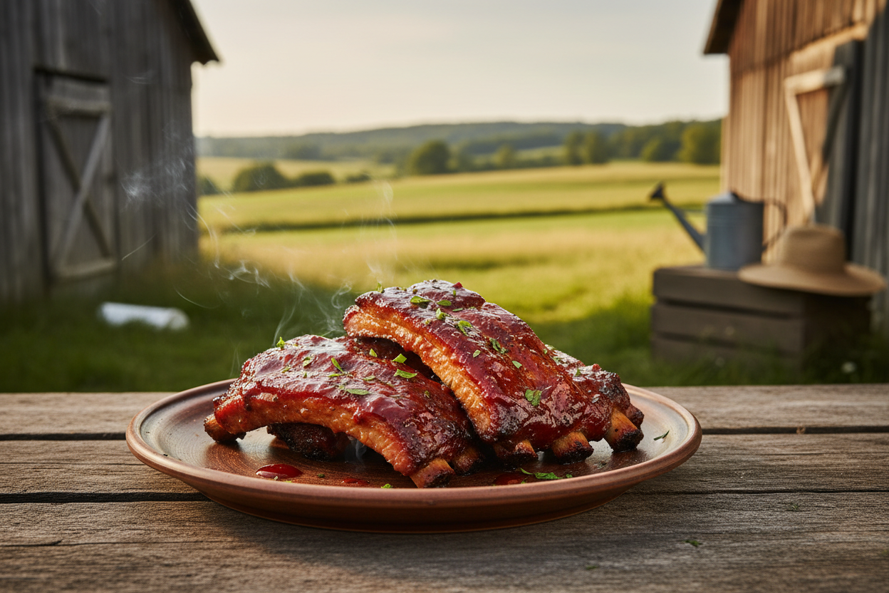 Baby Back Ribs on a plate in a farm