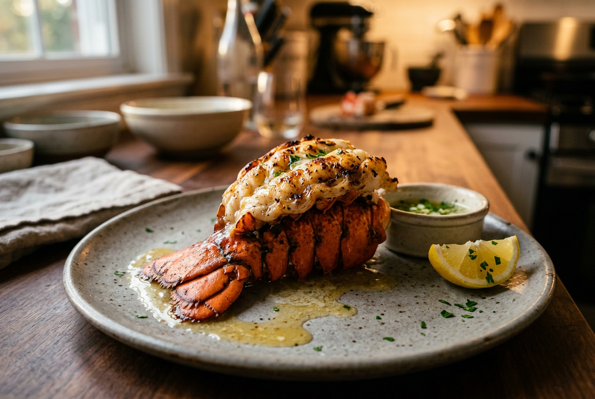 Broiled lobster tail on a plate