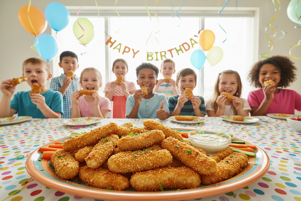 Chicken Fingers is a food for kids so I want that you create an image of kids party with this delicious/healthy food in first line and some kids in the back already got Chicken Fingers in their hands or eating it