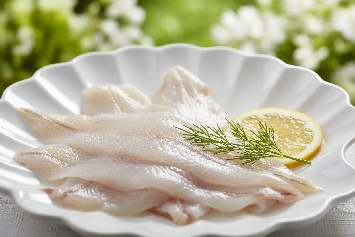 "Close-up artistic photography of raw sole fillets, showing their delicate pearlescent texture and translucent quality. Placed on a matte white ceramic plate that looks like a sea shell. Garnished with only a single, perfect sprig of fresh dill and a thin slice of translucent lemon. Background is a soft-focus garden with green foliage. High-key lighting, airy, clean, and vital. Evokes a sense of health and tranquility."