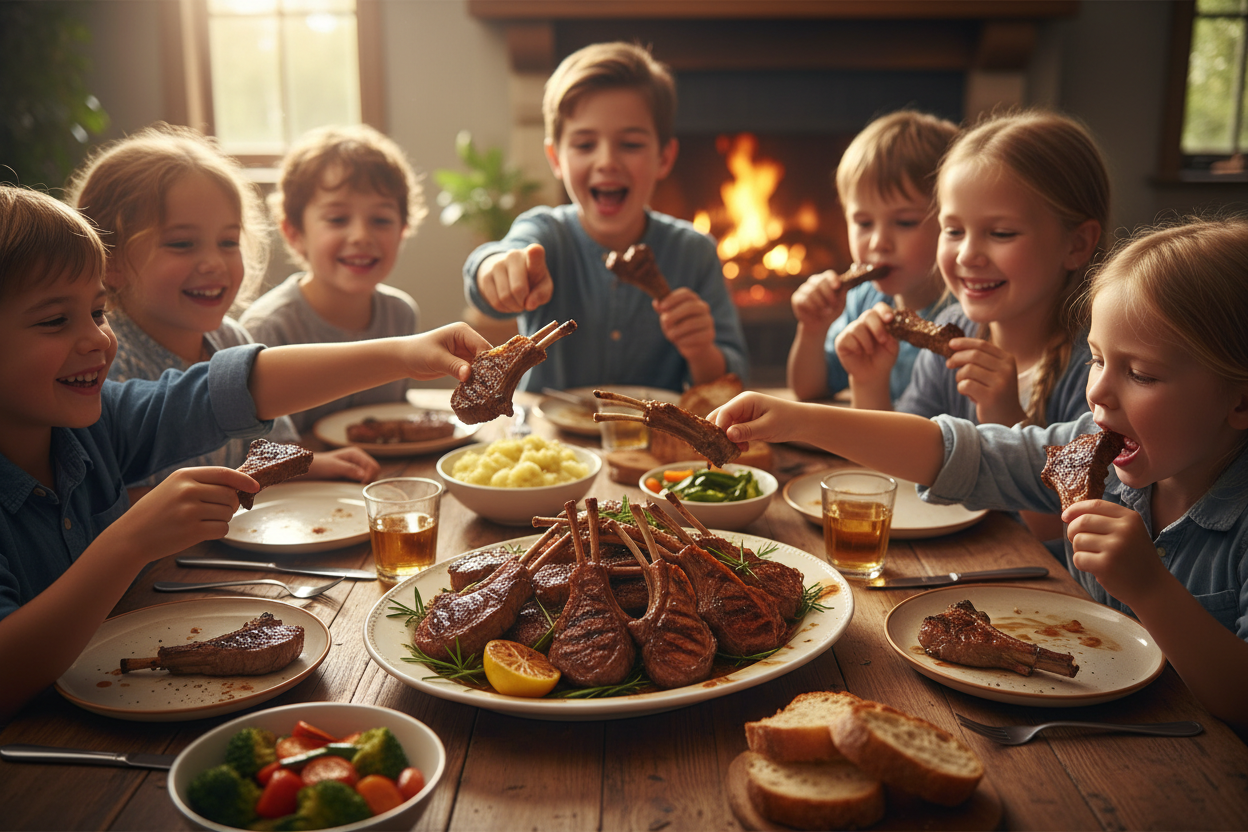 Crea una imagen de unos niños devorando hambrientos Lamb Racks, hay un plato grande en el medio de todos y ellos se van sirviendo, alguno muéstralo comiendo ya