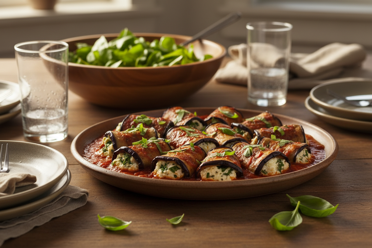 Eggplant Rollettes healthy plate elaborated by mum for her family
