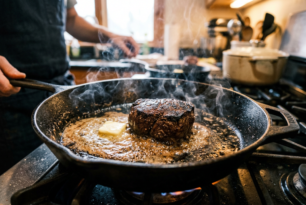 Elk medallion in a cast iron skillet