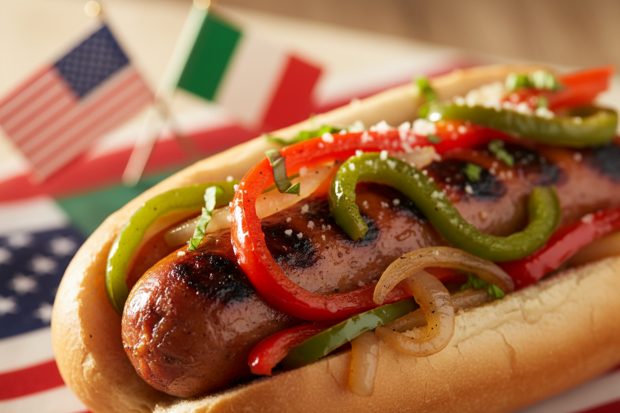 Hot Italian sausage delicious in a bread like hot dog because we are in America an they love this something like the perfect mix between Italy and USA feel free to include in the background something that can make the client feel this connection but the sausage should be the main object
