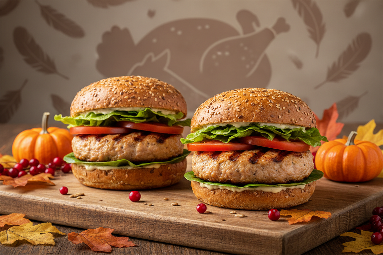 I would like to create a picture of turkey burgers, so the concept now is the clean meat instead red meat (like beef) is gonna be more clean and I want something related with thanksgiving when the turkey is the main character