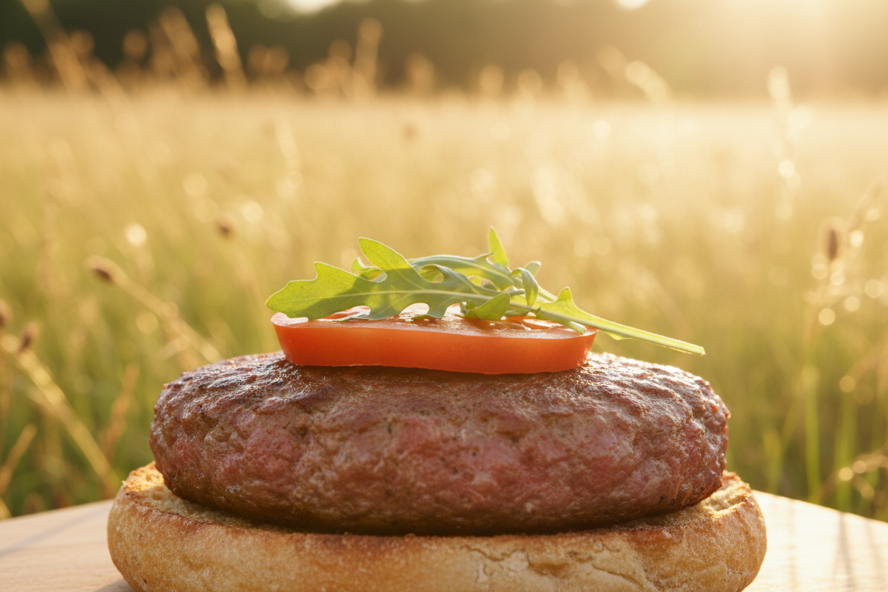 Low-angle, close-up shot of a thick, hand-formed 90/10 Ground Sirloin patty resting on a rustic sourdough bun. No heavy sauces; just a single slice of ripe heirloom tomato and a sprig of fresh arugula. The focus is on the coarse, lean texture of the sirloin. The background is a stunning, out-of-focus golden-hour meadow with soft wild grass. The lighting is warm and cinematic, suggesting a 'pure and wild' connection to food. It looks like a healthy, clean version of a classic comfort meal. 8k."