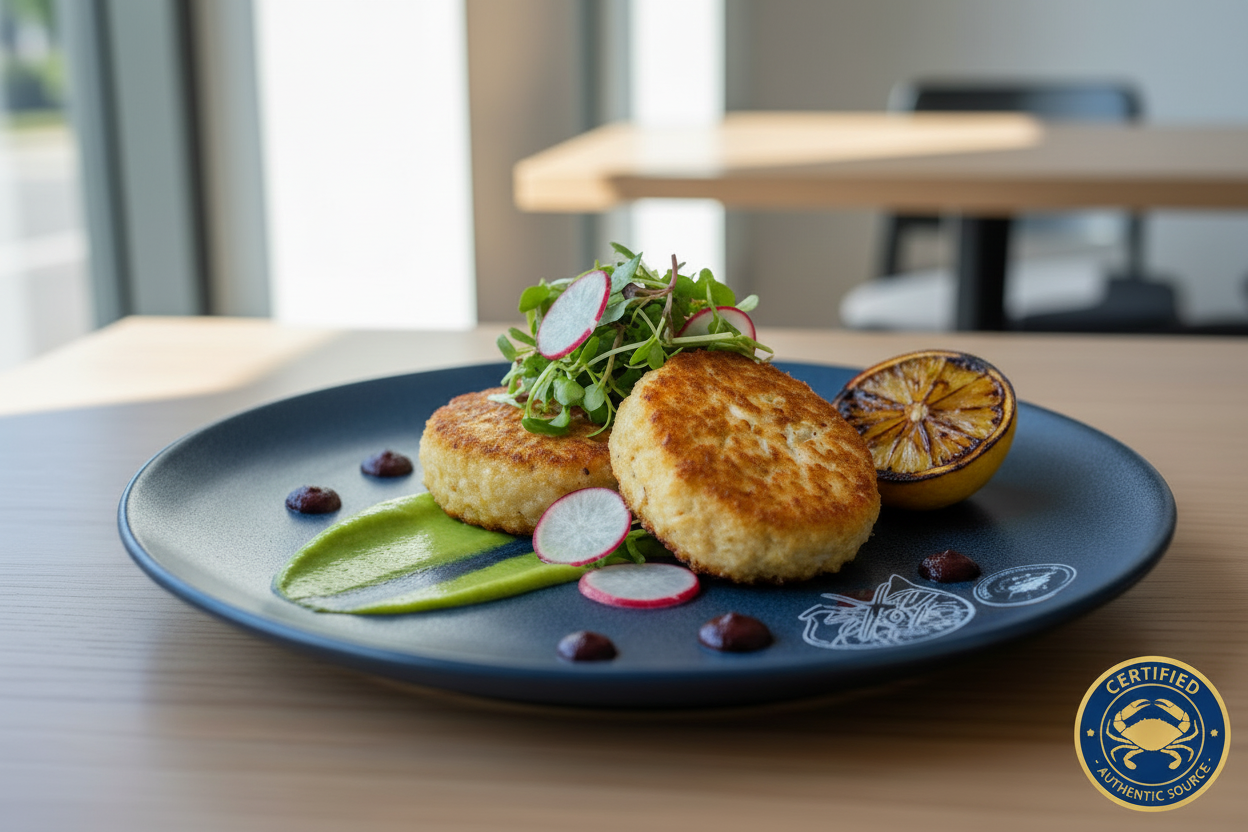 "Modern gourmet plating of two golden-seared crab cakes on a matte navy blue ceramic plate. Features a 'swipe' of bright green avocado remoulade and a few dots of deep red achiote purée for color contrast. Garnished with a micro-green and radish salad and a charred lemon half. Natural morning light, minimalist high-end restaurant setting. The colors are vibrant and saturated to emphasize freshness and health. Professional food styling, 8k.