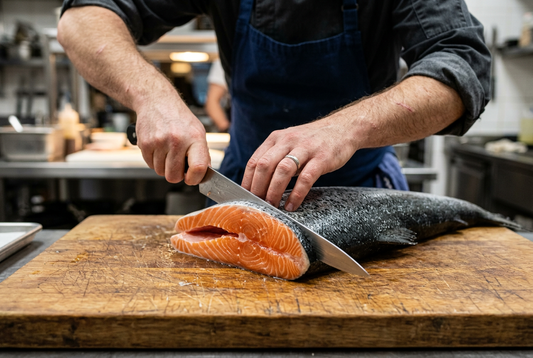 Chef slicing Norwegian salmon