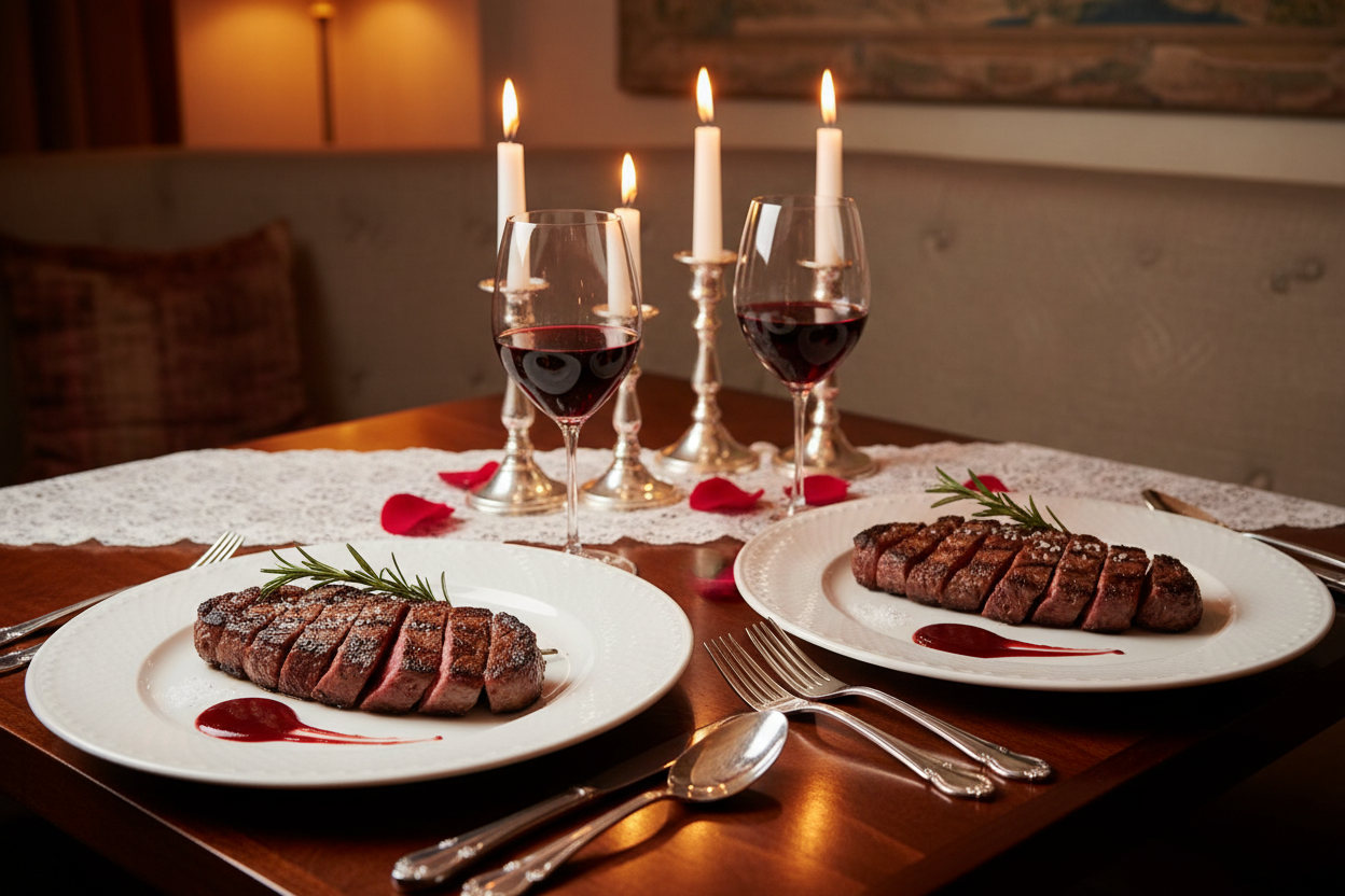 NY Strip Steaks Black Angus in a private romantic dinner with candles
