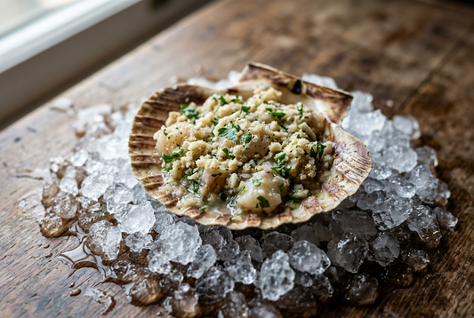 Raw stuffed scallop in its shell
