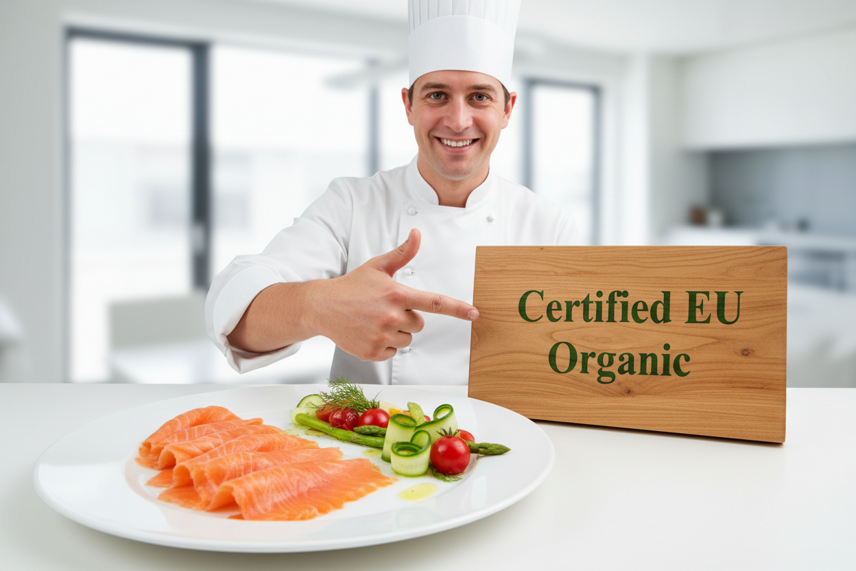 Smoked Scottish Salmon - A picture of the plate with vegetables on the side and a board that says: Certified EU Organic and a chef pointing the board with one hand and the other hand showing thumb up
