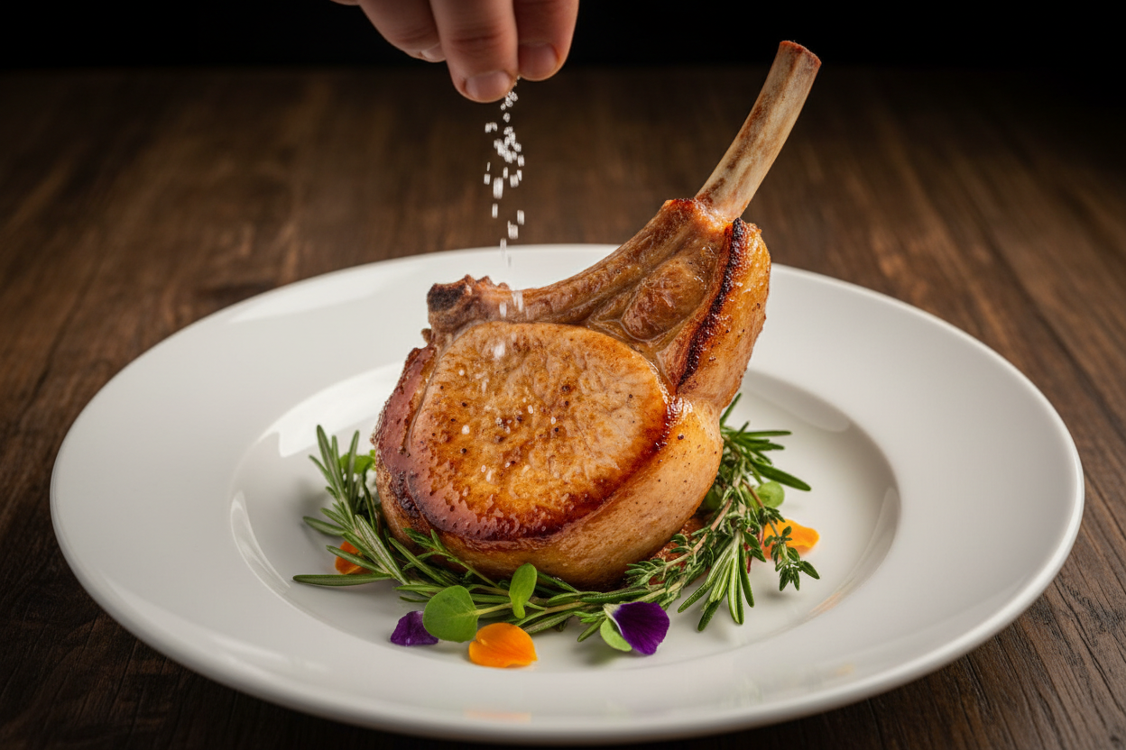 The meat looks really bad, so change the angle... the meal should be prepared and the chef is just adding the last touch like salt or a plant