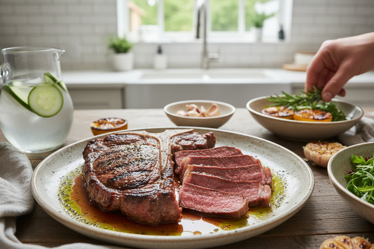 Top-down aerial food photography of a large, perfectly grilled Porterhouse steak on a rustic ceramic platter. The steak is sliced to show the pink Filet and Strip sides, juices mingling with a fresh herb oil. Surrounding the platter are smaller bowls of vibrant 'healing' sides: charred lemon, a bright pomegranate and arugula salad, and roasted garlic. The background is a rustic wooden table with scattered linen napkins and a half-full pitcher of cucumber water.