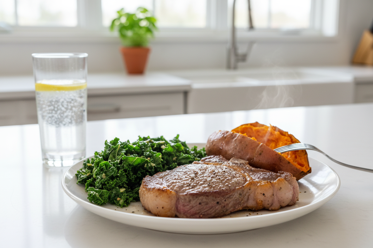 "A bright and clean photo of a single Veal Porterhouse on a simple white ceramic plate. The steak is lightly seasoned with sea salt and cracked pepper, served alongside a large mound of vibrant sautéed kale and a baked sweet potato. A glass of sparkling water with a lemon slice sits nearby. The background is a clean, sunlit home kitchen with a small potted herb plant. The image feels peaceful, fresh, and restorative. Focus on the natural colors of the vegetables. High-key lighting, 4k."