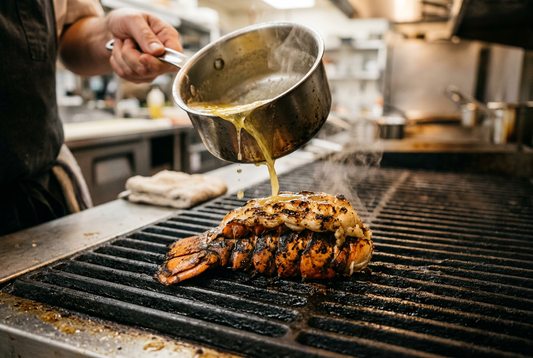Melted butter poured over a grilled lobster tail