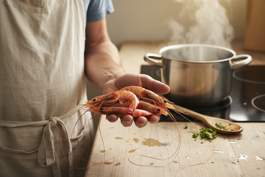 "A candid, 'smartphone-style' photo of a handful of raw Argentine Red Shrimp held in a person's open palm over a simple wooden kitchen counter. The person is wearing a comfortable linen apron. In the background, a pot of water is starting to steam. The shrimp are large, with a natural reddish hue and long antennae. The lighting is warm and domestic. It looks like a real, honest moment of cooking a special but simple healthy dinner at home. Authentic, unpolished, and life-giving."
