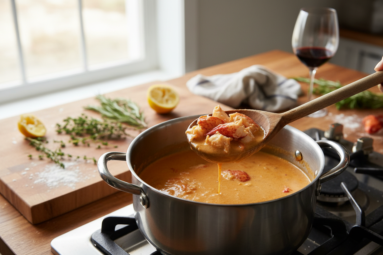  "A candid, 'smartphone-style' photo of a pot of homemade lobster bisque on a stovetop in a real home kitchen. A wooden ladle is lifting a portion, showing small, succulent chunks of lobster meat. The kitchen is slightly messy with a few herb stems and a lemon half on the counter. It looks like a successful Sunday afternoon cooking project. The lighting is natural and bright. No professional staging; just honest, delicious, and attainable home cooking. 4k resolution."