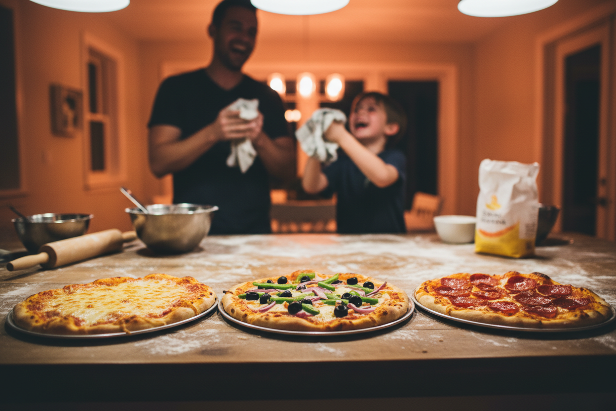 "A candid, 'smartphone-style' photo of three different personal pan pizzas sitting on a kitchen counter. They are slightly different shapes, showing they were made by hand. One has extra cheese, one has a few veggie slices. In the background, you can see the blurry silhouettes of a parent and child laughing while cleaning up flour. The lighting is warm and domestic. It looks like a real, happy home Friday night dinner. Authentic, unpolished, and full of love. 4k resolution."