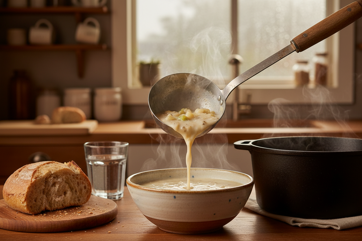 A professional 45-degree angle shot of a ladle pouring fresh New England Clam Chowder into a stoneware bowl. You can see the steam rising and the beautiful, light texture of the soup. The background is a blurry but cozy kitchen with a window showing soft rain outside. A half-eaten crust of bread and a simple glass of water are on the side. The lighting is warm and domestic, evoking a feeling of safety, healing, and the simple joy of home. 8k, authentic and unpolished