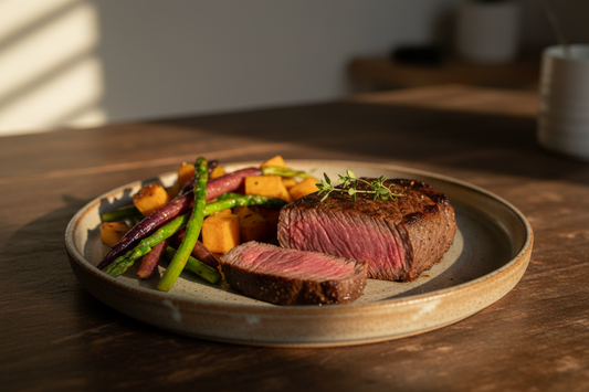 "A realistic, high-quality photo of a 6oz center-cut filet mignon, seared to a perfect medium-pink inside. It is served on a simple, earthy stoneware plate alongside a vibrant 'rainbow' of roasted vegetables: purple carrots, bright green asparagus, and golden sweet potatoes. A small sprig of fresh thyme sits on the steak. The lighting is soft, warm, and restorative, like a sunset in a quiet home. The image transmits a sense of body-healing nutrition and peaceful self-care. 8k, natural aesthetic."