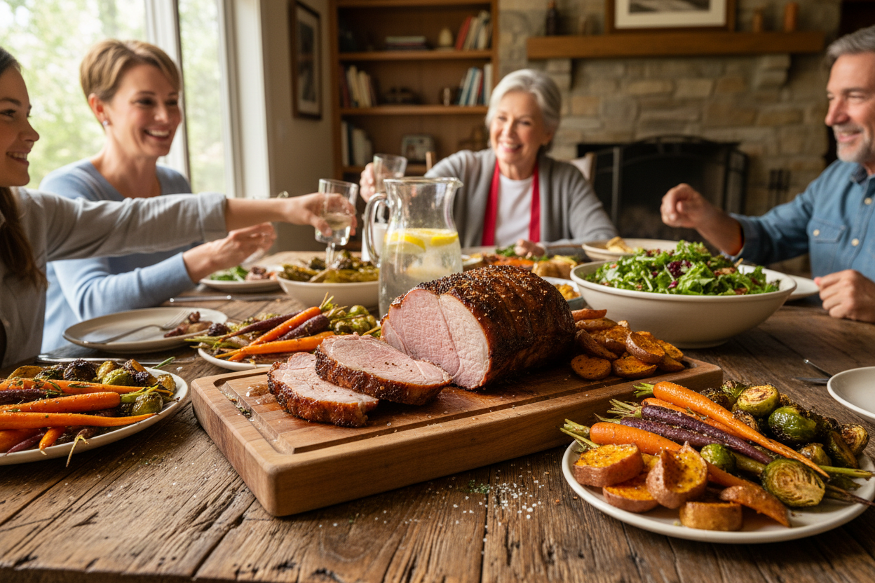 "A vibrant, wholesome dinner scene featuring a 6-8 bone-in pork loin roast sliced on a wooden board. It is surrounded by a colorful array of roasted seasonal vegetables like carrots, Brussels sprouts, and sweet potatoes. In the background, a pitcher of water and a salad bowl are visible on a farmhouse table, lit with warm, inviting natural light to evoke a healthy, shared family gathering."