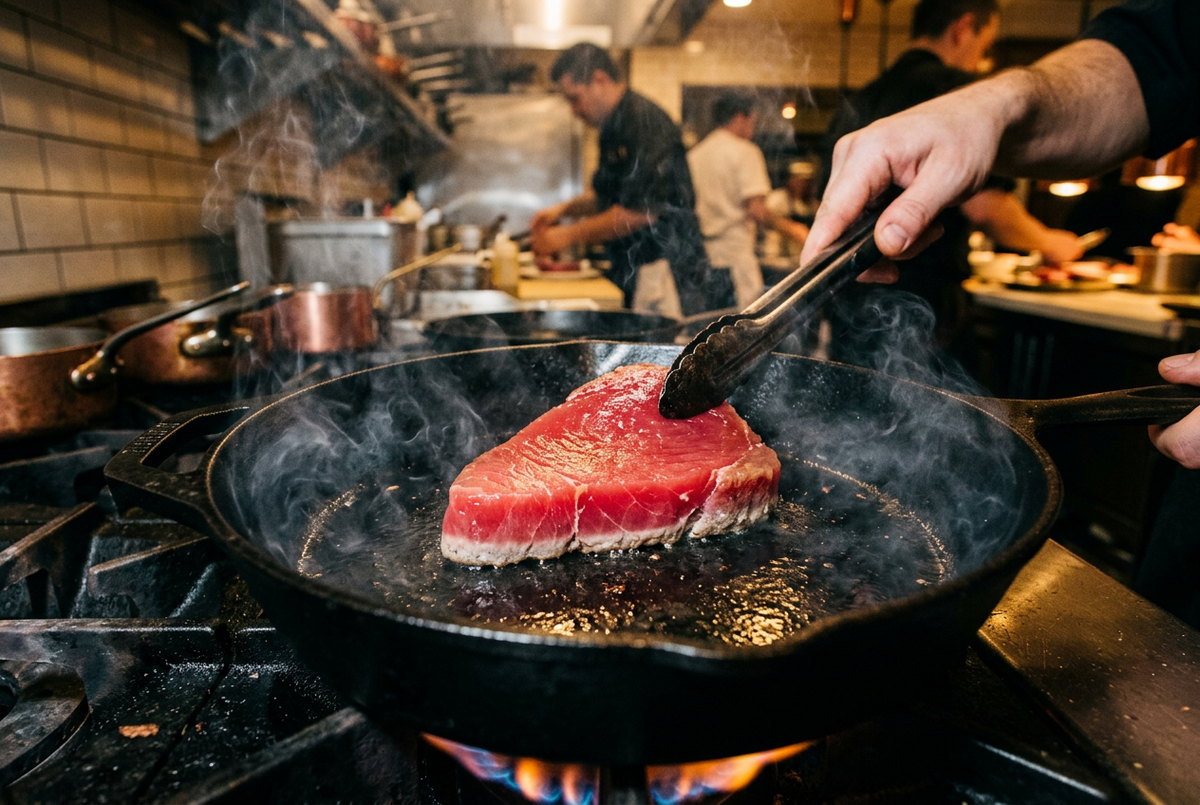 Ahi tuna steak searing in a cast iron skillet