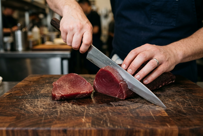 Ahi tuna steak being sliced