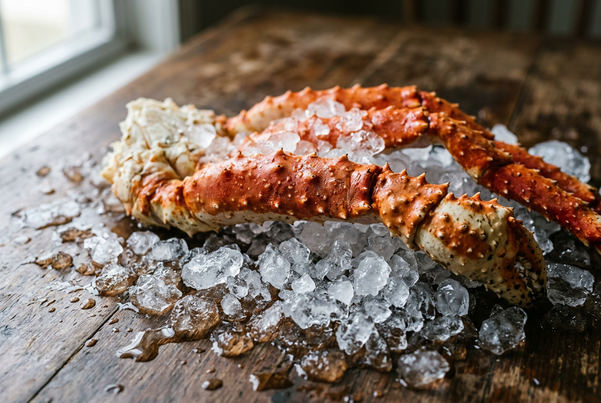 Alaskan king crab legs on crushed ice