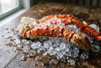 Alaskan king crab legs on crushed ice