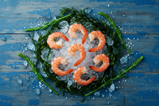 "An artistic, top-down photo of bright orange-pink cooked shrimp resting on a bed of crushed ice and fresh seaweed. Scattered around are sea salt crystals and sprigs of wild samphire. The background is a weathered blue wooden table that looks like it belongs on a pier. The lighting is the crisp, clear blue light of a coastal morning. It evokes a feeling of 'sea-to-table' purity and a deep connection to the ocean's minerals. Professional but organic, 8k."