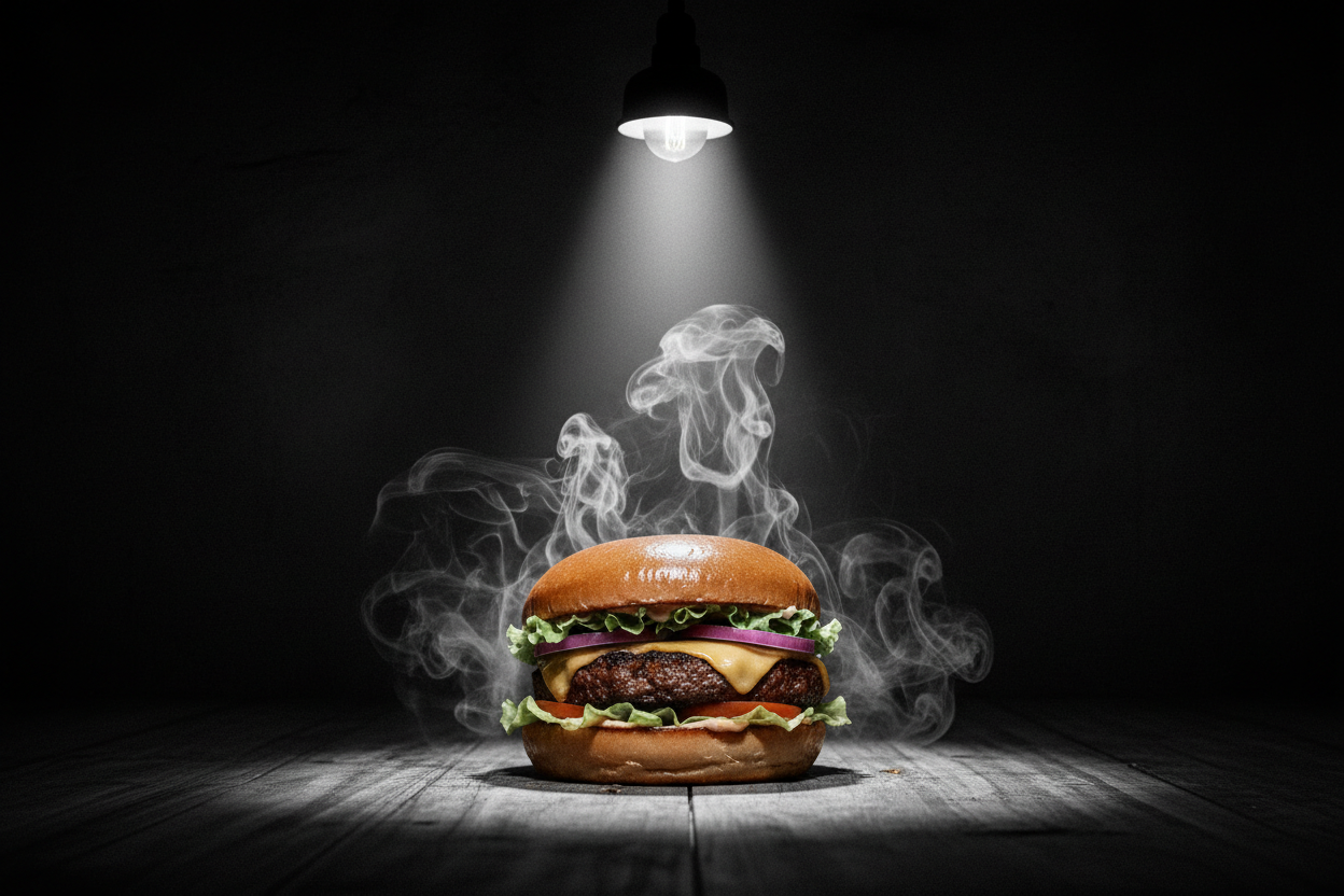  Angus Steakblend Burger alone in a smoking table with a lamp over the burger like the burger was being interrogated by the police guilty to be delicious