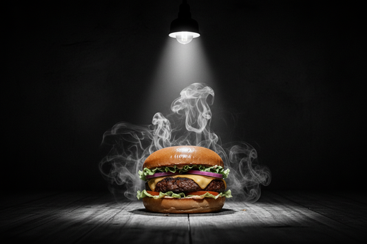  Angus Steakblend Burger alone in a smoking table with a lamp over the burger like the burger was being interrogated by the police guilty to be delicious