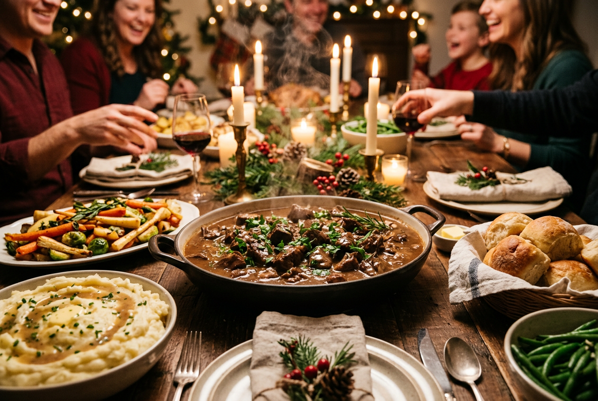 Beef tips at a holiday dinner