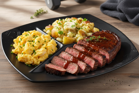 Bourbon Sirloin Steak meal prepared ready to eat after training at the gym with some eggs and smash potatoes