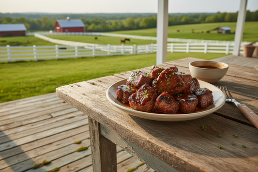 Bourbon Steak Tips on a old table in a porch of a farm