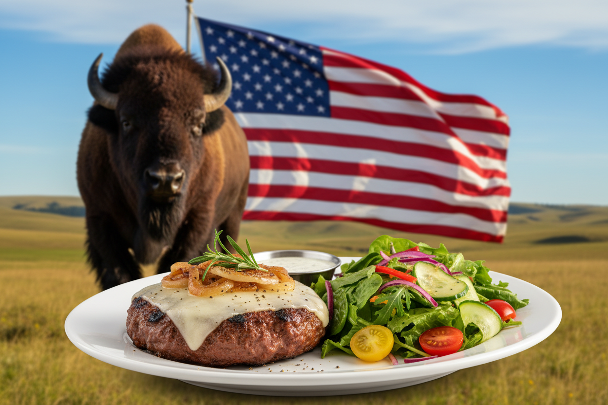 Buffalo burger - Served in a plate without bread and with a healthy side + one big buffalo showing he is proud and with a USA flag on the wind