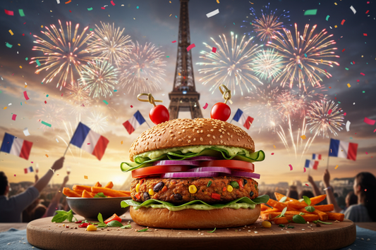 Can you include a background with the Eiffel Tower and a French flag? Something like fireworks, party but having the food in first line