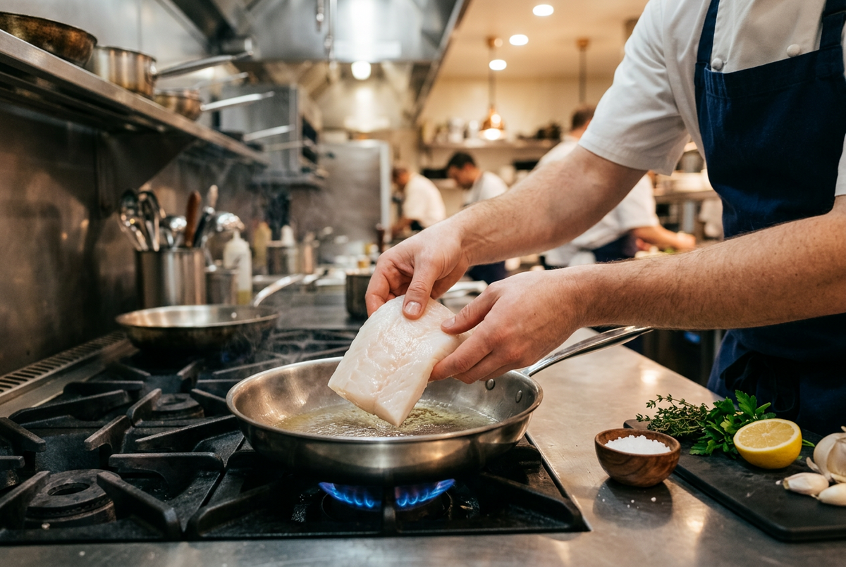 Chef preparing cod loin