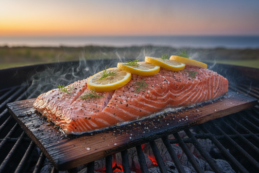 "Close-up, overhead shot of a large Atlantic salmon fillet with lemon slices and fresh dill, sizzling on a charred cedar plank. The setting is an outdoor BBQ at sunset. Capture the texture of the fish and the ambient lighting of the grill smoke."