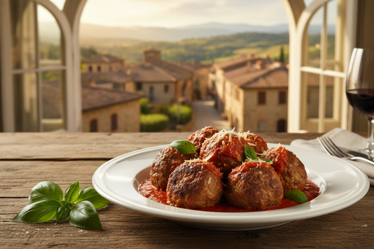 Cooked Italian Meatballs in a table where you can see through the window behind an Italian village