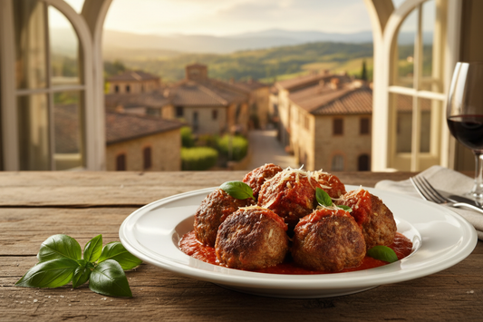 Cooked Italian Meatballs in a table where you can see through the window behind an Italian village