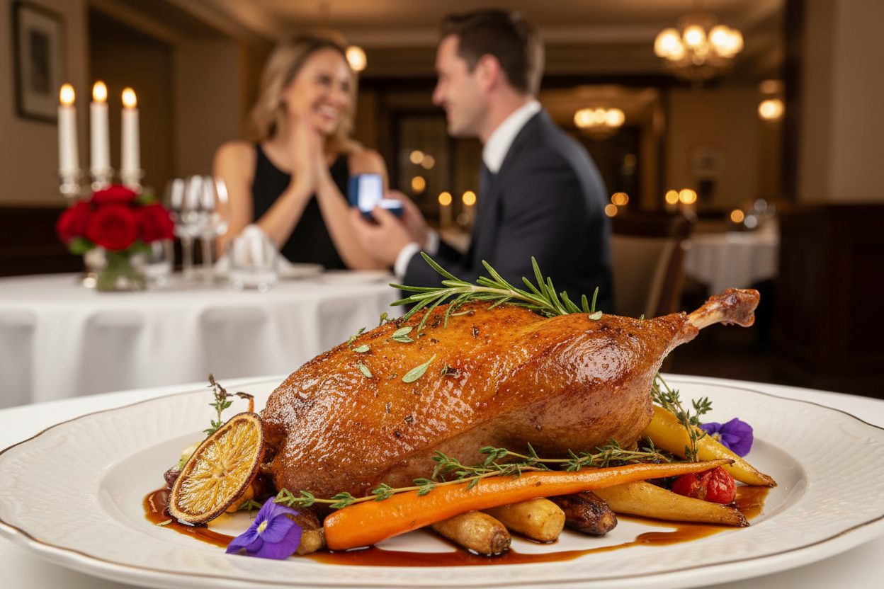  Cooked Roasted Half Duck prepared by a chef into a nice restaurant with a couple, the man will ask to the woman to marry him, the plate should be in first line