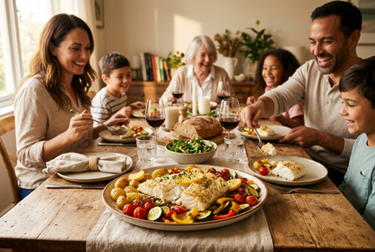 Family dinner with oven-roasted cod loin
