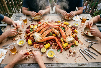 Family seafood boil with king crab legs